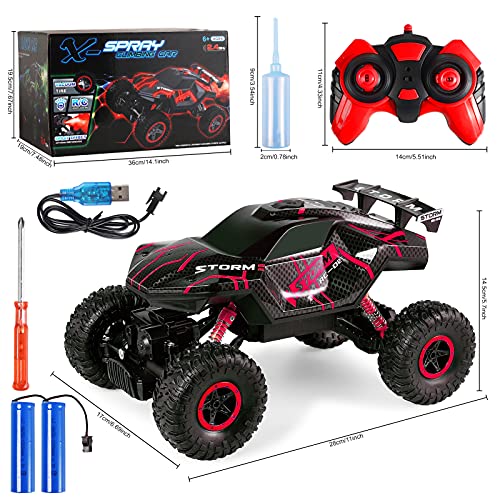 Herefun Coche Teledirigido, RC Coche con Luz LED, 4WD Coche Teledirigido Niños, RC Coche de Carreras de Alta Velocidad Todoterreno Recargable para Niños Cumpleaños Regalo (Rojo)