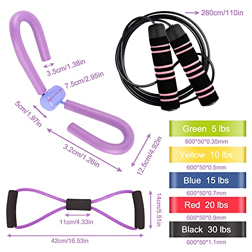 Herefun Ejercitador de Muslos, Entrenador de Muslos Multifuncional para Brazos/Hombro/Muslo/Adelgaza, 5pcs Cintas Elasticas Fitness, Cuerda Saltar Comba, Equipo de Gimnasio en casa (Color3)