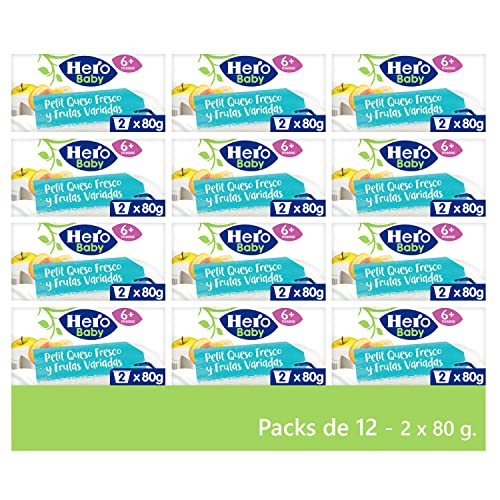 Hero Baby Petit de Queso Fresco y Frutas Variada - Para niños a partir de 6 meses - 12 Packs de 2x80gr