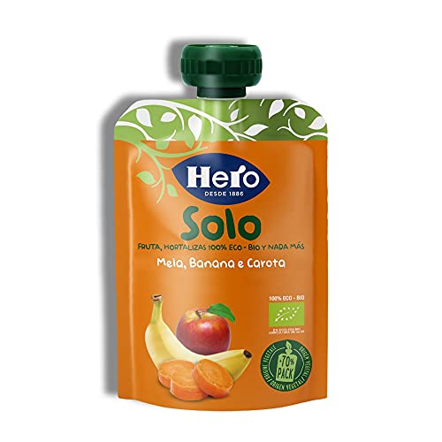 Hero Baby Solo Bolsita de Manzana, Plátano y Zanahoria Puré de Frutas Ecológico para Llevar para Bebés a partir de 4 meses, 100 g