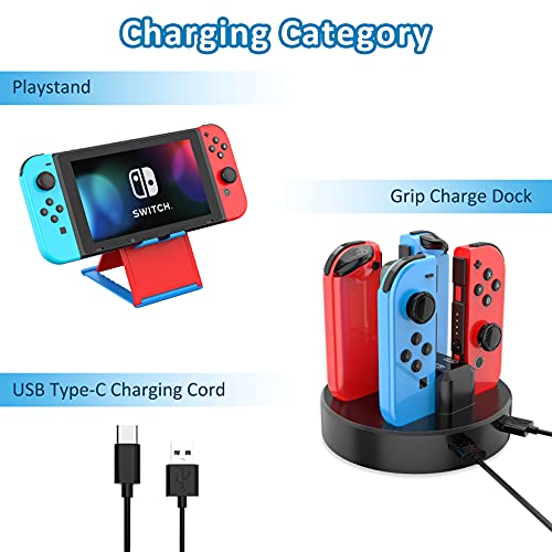 HEYSTOP Accesorios para Nintendo Switch,Funda para Nintendo Switch,Carcasa Switch,Protector Pantalla,Agarre et Volante para J-con,Soporte Juegos,Base Carga,Estuche J-con,Thumb Grips etc, Rojo y Azul