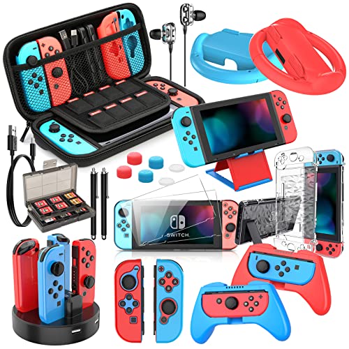 HEYSTOP Accesorios para Nintendo Switch,Funda para Nintendo Switch,Carcasa Switch,Protector Pantalla,Agarre et Volante para J-con,Soporte Juegos,Base Carga,Estuche J-con,Thumb Grips etc, Rojo y Azul