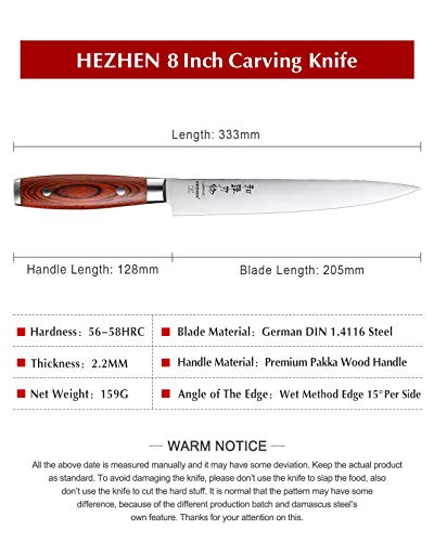 HEZHEN Basic Series Cuchillo Trinchador,20.5Cm,Cuchillo Rebanador, Alemán De Acero Inoxidable Con Alto Contenido De Carbono,Cocina Profesional Afilada,Cuchillo Para Tallar FULLTANG, Mango De Madera