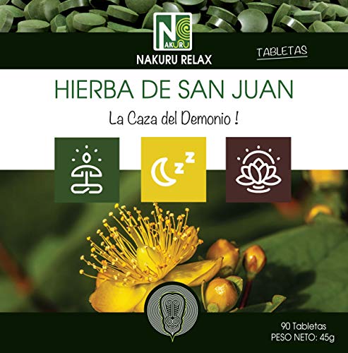 Hierba de San Juan/NAKURU Relax/Polvo orgánico seco y comprimido en frío/Analizado y acondicionado en Francia /"¡La Caza del Demonio!" (90 Tabletas de 500mg / Peso Neto: 45g / Dorado)