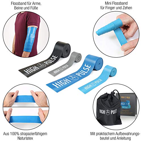 High Pulse® Floss Band | Incluye – Bolsa de transporte y accesorios – 2 bandas compresión – Bandas fitness de atletas para articulaciones, tendones y ligamentos + mini banda para los dedos.