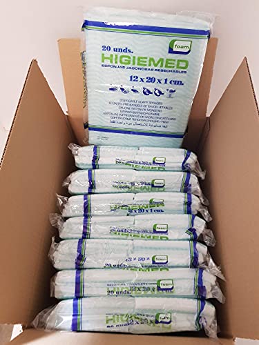 HIGIEMED® 160 ESPONJAS JABONOSAS DESECHABLES DE FOAM 12x20x1 Caja con 8 bolsas de 20 unidades