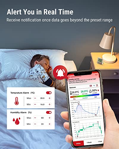 Higrómetro ThermoPro TP357 260FT Bluetooth, con monitor remoto de temperatura y humedad y APP inteligente, medidor de sensor de temperatura y humedad con registros máximos y mínimos, plateado