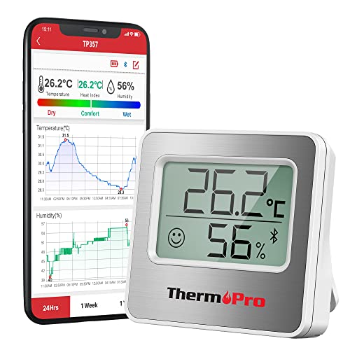 Higrómetro ThermoPro TP357 260FT Bluetooth, con monitor remoto de temperatura y humedad y APP inteligente, medidor de sensor de temperatura y humedad con registros máximos y mínimos, plateado