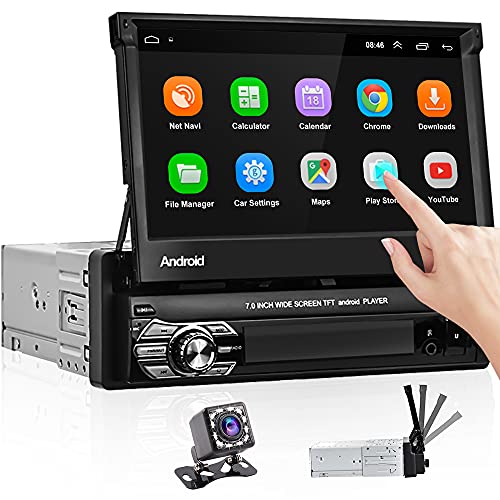 Hikity Android Autoradio Bluetooth 1 DIN Radio de Coche GPS Navegación 7 Pulgadas Pantalla Táctil Abatible FM Estéreo con WiFi USB Enlace Espejo + Cámara Visión Trasera