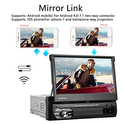 Hikity Android Autoradio Bluetooth 1 DIN Radio de Coche GPS Navegación 7 Pulgadas Pantalla Táctil Abatible FM Estéreo con WiFi USB Enlace Espejo + Cámara Visión Trasera