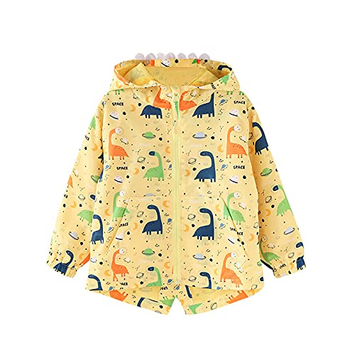 Hinzonek Chubasquero impermeable para niños y niñas, con capucha de dinosaurio, chaqueta cortavientos para viajes, deportes al aire libre durante 1-5 años (3-4 años, amarillo)