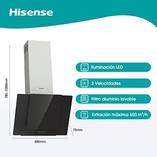 Hisense CH6IN6BXBG - Campana Decorativa 60 cm, Capacidad de Succión de 650 m³/h, Iluminación LED, Filtro de aluminio de Fácil Mantenimiento