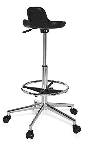 hjh OFFICE 665160 taburete de trabajo TOP WORK 03 espuma r?gida negro, asiento antideslizante, c?modo, apoyapi?s, muy alto, f?cil de limpiar, silla de trabajo, taburete cocina