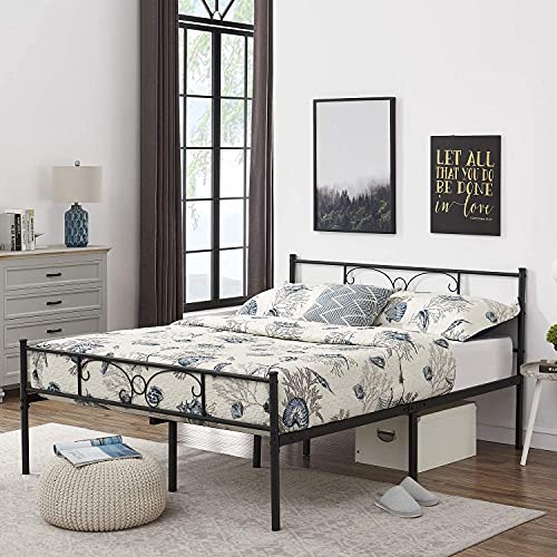 HJhomeheart Marcos Cama de Metal Cama Doble para Adultos, Cama Matrimonio Metal Estructura de Cama de Metal de con Listones, Negro (140 x 190CM)