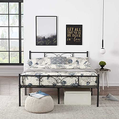 HJhomeheart Marcos Cama de Metal Cama Doble para Adultos, Cama Matrimonio Metal Estructura de Cama de Metal de con Listones, Negro (140 x 190CM)