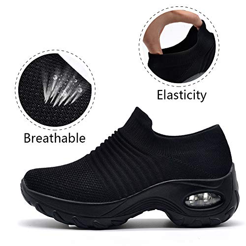 HKR Zapatillas Mujer de Running Walking Zapatos para Antideslizante Ligeras Sin Cordones Trabajo Ortopedicos Calzado Todo Negro 36 EU