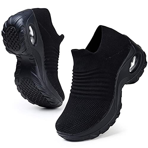 HKR Zapatillas Mujer de Running Walking Zapatos para Antideslizante Ligeras Sin Cordones Trabajo Ortopedicos Calzado Todo Negro 36 EU