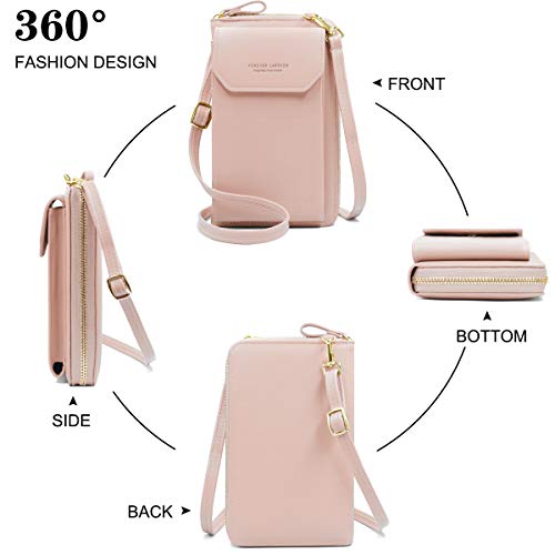 HNOOM Bolso Movil Mujer, Bolso Bandolera Móvil, Bolso Pequeño Bandolera para Damas Mujeres con Ranuras para Tarjeta de Correa (Rosado-1)