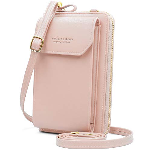 HNOOM Bolso Movil Mujer, Bolso Bandolera Móvil, Bolso Pequeño Bandolera para Damas Mujeres con Ranuras para Tarjeta de Correa (Rosado-1)