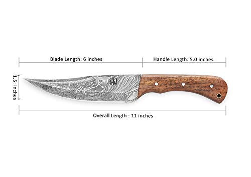 Hobby Hut HH-402 - Cuchillo Damasco de caza hecho a mano, 28 cm, con funda, mango de madera de nogal y hoja afilada en acero, de una sola pieza