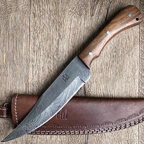 Hobby Hut HH-402 - Cuchillo Damasco de caza hecho a mano, 28 cm, con funda, mango de madera de nogal y hoja afilada en acero, de una sola pieza