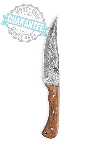 Hobby Hut HH-402 - Cuchillo Damasco de caza hecho a mano, 28 cm, con funda, mango de madera de nogal y hoja afilada en acero, de una sola pieza