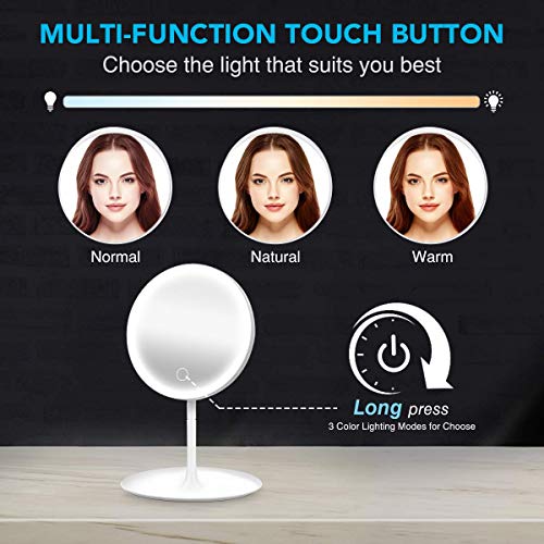 HOCOSY Espejo Maquillaje con luz, LED Espejo Cosmético Pantalla Táctil de Mesa con 3 Modos de Color, Espejo con luz Aumento 5X, Rotación de 90°Espejo de Mesa con luz, Carga con USB