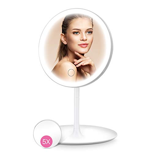 HOCOSY Espejo Maquillaje con luz, LED Espejo Cosmético Pantalla Táctil de Mesa con 3 Modos de Color, Espejo con luz Aumento 5X, Rotación de 90°Espejo de Mesa con luz, Carga con USB