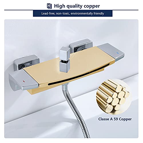 Hoemlody Grifo de Bañera en Cascada con Alcachofa de Mano Mezclador de Baño-Ducha para Instalación en Pared Incluye Soporte de Pared y Manguera de Ducha de 1.5m extensible, Cromo