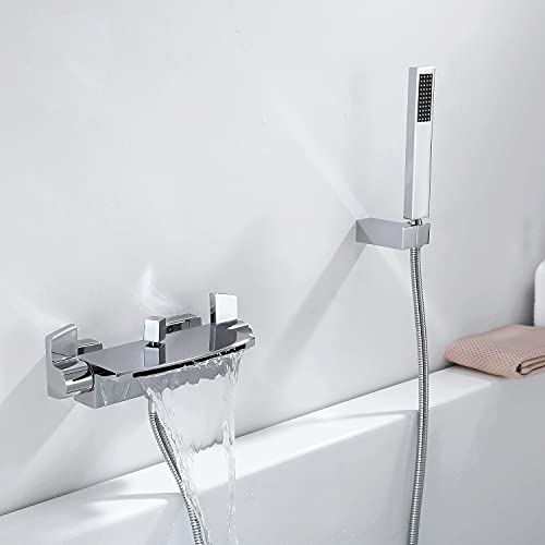 Hoemlody Grifo de Bañera en Cascada con Alcachofa de Mano Mezclador de Baño-Ducha para Instalación en Pared Incluye Soporte de Pared y Manguera de Ducha de 1.5m extensible, Cromo