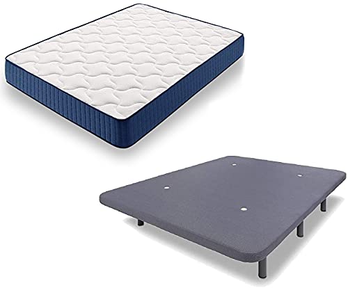 HOGAR24 ES Cama Completa - Colchón Viscoelástico Viscorelax + Base Tapizada 3D con 5 Barras Transversales Color Gris + 7 Patas de 32cm, 150x190 cm