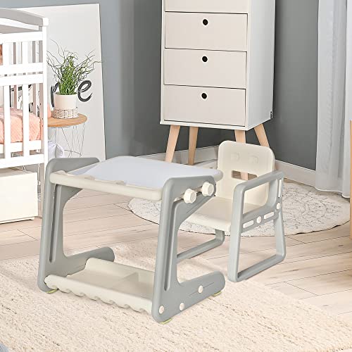 HOMCOM 2 en 1 Pupitre Infantil con Pizarra Juego de Escritorio Convertible y Silla para Niños de +12 Meses con 3 Rotuladores y 1 Borrador 65x48x66,7 cm Gris y Blanco