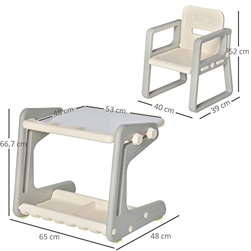 HOMCOM 2 en 1 Pupitre Infantil con Pizarra Juego de Escritorio Convertible y Silla para Niños de +12 Meses con 3 Rotuladores y 1 Borrador 65x48x66,7 cm Gris y Blanco