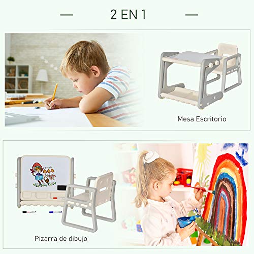 HOMCOM 2 en 1 Pupitre Infantil con Pizarra Juego de Escritorio Convertible y Silla para Niños de +12 Meses con 3 Rotuladores y 1 Borrador 65x48x66,7 cm Gris y Blanco