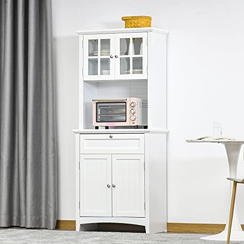 HOMCOM Aparador Alacena de Cocina Mueble Auxiliar para Microondas con 2 Armarios y Cajón 68,6x40x164 cm Blanco