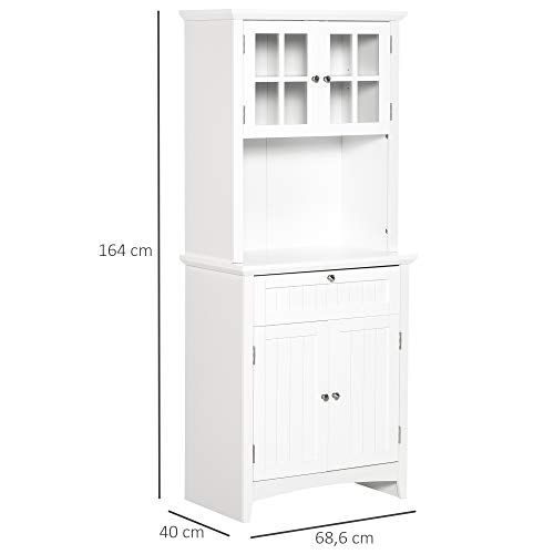 HOMCOM Aparador Alacena de Cocina Mueble Auxiliar para Microondas con 2 Armarios y Cajón 68,6x40x164 cm Blanco