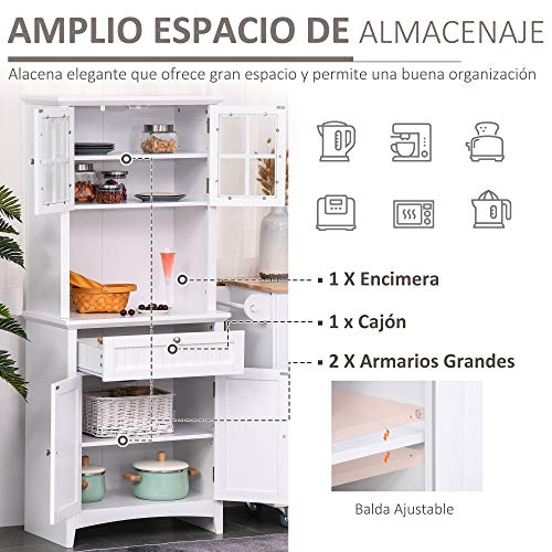 HOMCOM Aparador Alacena de Cocina Mueble Auxiliar para Microondas con 2 Armarios y Cajón 68,6x40x164 cm Blanco