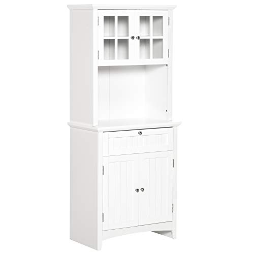 HOMCOM Aparador Alacena de Cocina Mueble Auxiliar para Microondas con 2 Armarios y Cajón 68,6x40x164 cm Blanco