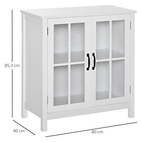 HOMCOM Aparador con 2 Puertas de Vidrio Templado Balda Ajustable y Dispositivo Antivuelco Armario Multiuso para Cocina Salón Baño 80x40x85,3 cm Blanco