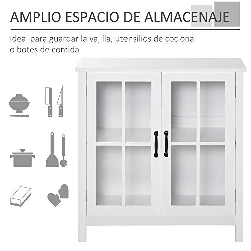 HOMCOM Aparador con 2 Puertas de Vidrio Templado Balda Ajustable y Dispositivo Antivuelco Armario Multiuso para Cocina Salón Baño 80x40x85,3 cm Blanco