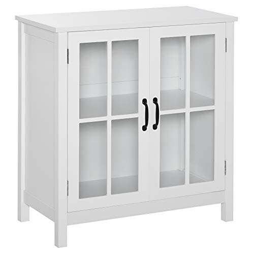 HOMCOM Aparador con 2 Puertas de Vidrio Templado Balda Ajustable y Dispositivo Antivuelco Armario Multiuso para Cocina Salón Baño 80x40x85,3 cm Blanco