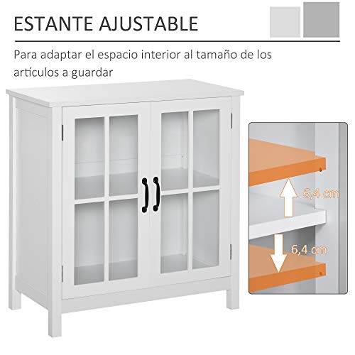 HOMCOM Aparador con 2 Puertas de Vidrio Templado Balda Ajustable y Dispositivo Antivuelco Armario Multiuso para Cocina Salón Baño 80x40x85,3 cm Blanco