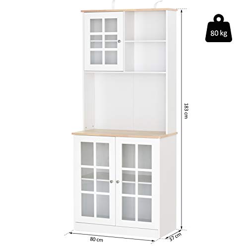 HOMCOM Armario de Cocina con Estantes y Puertas de Vidrio Pequeños Electrodomésticos y Menaje 80x37x183cm Blanco