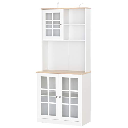 HOMCOM Armario de Cocina con Estantes y Puertas de Vidrio Pequeños Electrodomésticos y Menaje 80x37x183cm Blanco