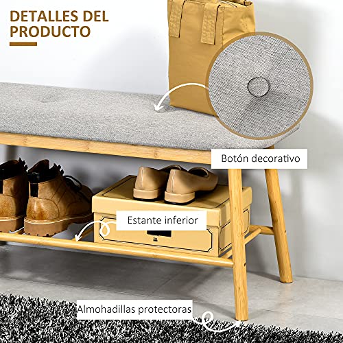 HOMCOM Banco Zapatero Moderno Mueble Recibidor de Bambú con Asiento Acolchado y Estante para Zapatos Entrada Pasillo 90x34x44 cm Color Natural y Gris