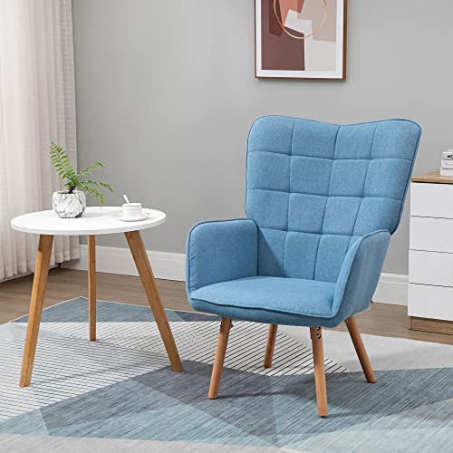 HOMCOM Butaca de Salón Moderna Sillón con Respaldo Alto Reposabrazos Tela de Lino y Patas de Madera de Haya para Comedor Cocina 71x68x101 cm Azul