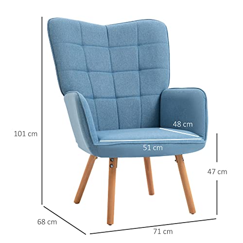 HOMCOM Butaca de Salón Moderna Sillón con Respaldo Alto Reposabrazos Tela de Lino y Patas de Madera de Haya para Comedor Cocina 71x68x101 cm Azul