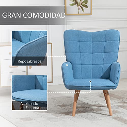 HOMCOM Butaca de Salón Moderna Sillón con Respaldo Alto Reposabrazos Tela de Lino y Patas de Madera de Haya para Comedor Cocina 71x68x101 cm Azul