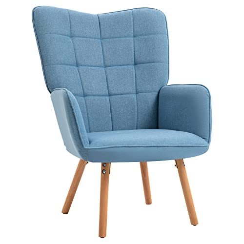 HOMCOM Butaca de Salón Moderna Sillón con Respaldo Alto Reposabrazos Tela de Lino y Patas de Madera de Haya para Comedor Cocina 71x68x101 cm Azul