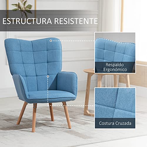 HOMCOM Butaca de Salón Moderna Sillón con Respaldo Alto Reposabrazos Tela de Lino y Patas de Madera de Haya para Comedor Cocina 71x68x101 cm Azul